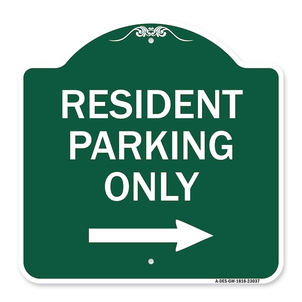 Reserved Parking Resident Parking W/ Right Arrow Heavy-Gauge Aluminum Sign, 18" x 18", GW-1818-23037